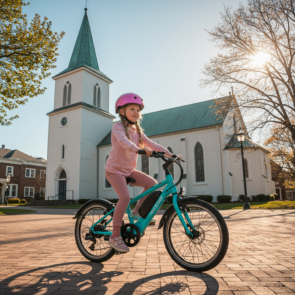 Rower elektryczny na komunię – dziewczynka w różowym kasku na e-bike’u przed kościołem