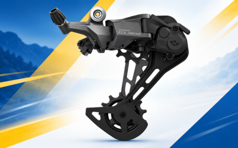 Przerzutka Shimano CUES U6000 na dynamicznym niebiesko-żółtym tle – napęd LinkGlide do roweru elektrycznego