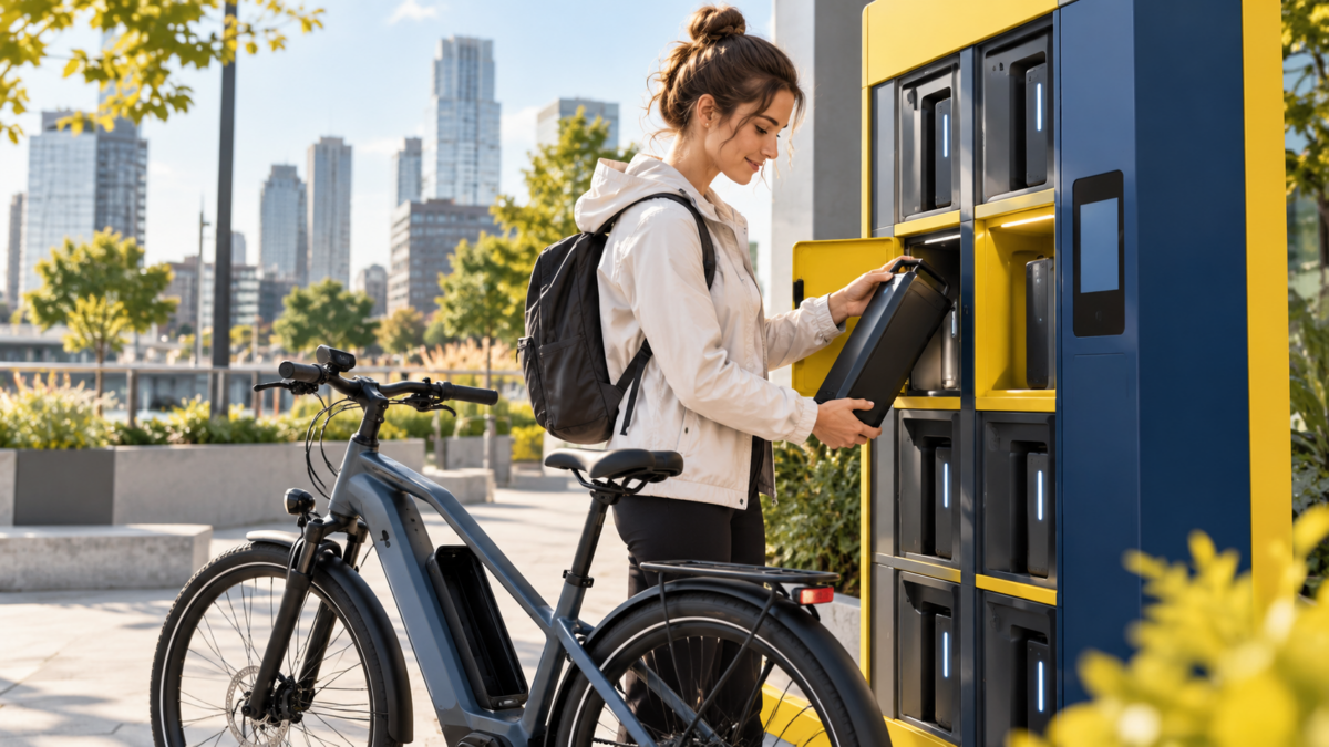 Stacja wymiany baterii do roweru elektrycznego z rowerzystką wymieniającą akumulator