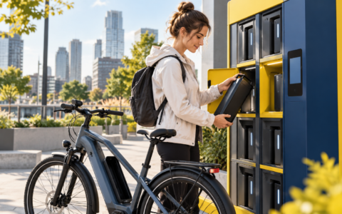 Stacja wymiany baterii do roweru elektrycznego z rowerzystką wymieniającą akumulator