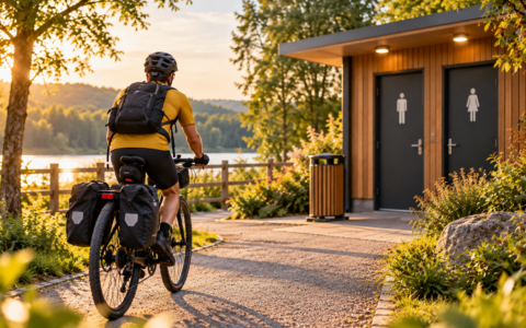 Rowerzysta jadący w kierunku toalety publicznej podczas wycieczki – toaleta na trasie rowerowej