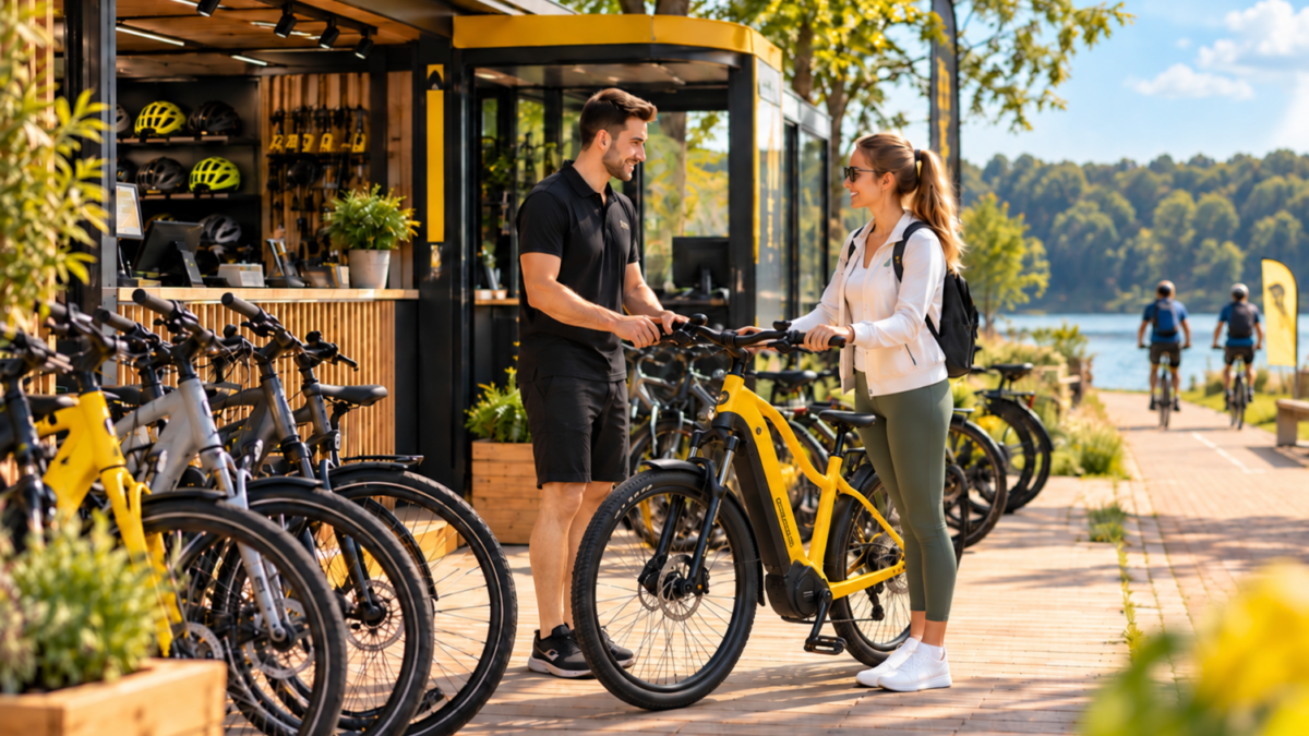 Wypożyczalnia rowerów nad jeziorem z żółtym rowerem elektrycznym i klientką