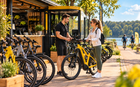 Wypożyczalnia rowerów nad jeziorem z żółtym rowerem elektrycznym i klientką