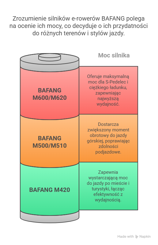 Infografika przedstawiająca porównanie silników BAFANG do e-rowerów – M600/M620, M500/M510 oraz M420 – pod kątem mocy i zastosowania w różnych warunkach terenowych i stylach jazdy