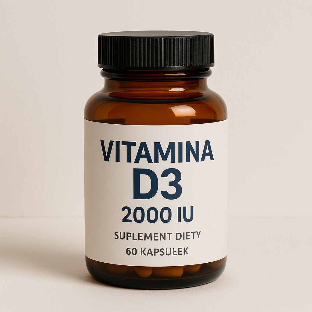 Butelka suplementu diety z witaminą D3 w bursztynowym kolorze, z wyraźną etykietą i czarną nakrętką, na jasnym tle – wizualizacja produktu do artykułu o suplementacji.