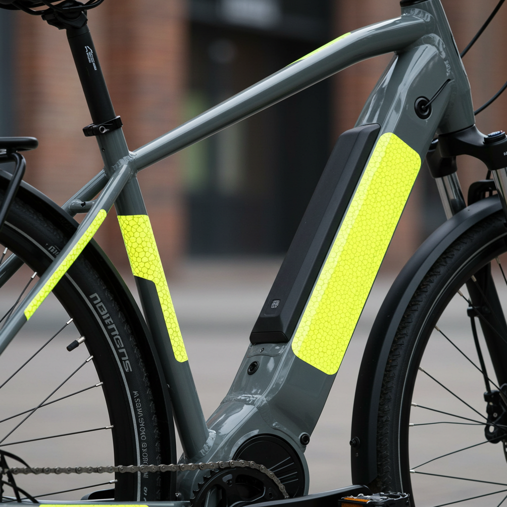 żółte Naklejki odblaskowe przeklejone na ramie roweru elektrycznego 