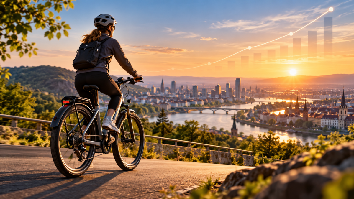 Rower elektryczny na tle miasta symbolizujący rozwój i rosnącą popularność e-bike’ów w Europie