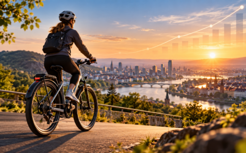 Rower elektryczny na tle miasta symbolizujący rozwój i rosnącą popularność e-bike’ów w Europie