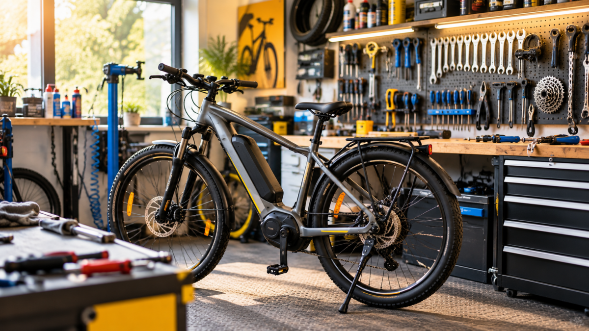 Rower elektryczny na stopce w profesjonalnym serwisie rowerowym – przegląd i serwis e-bike’a