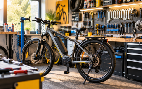 Rower elektryczny na stopce w profesjonalnym serwisie rowerowym – przegląd i serwis e-bike’a