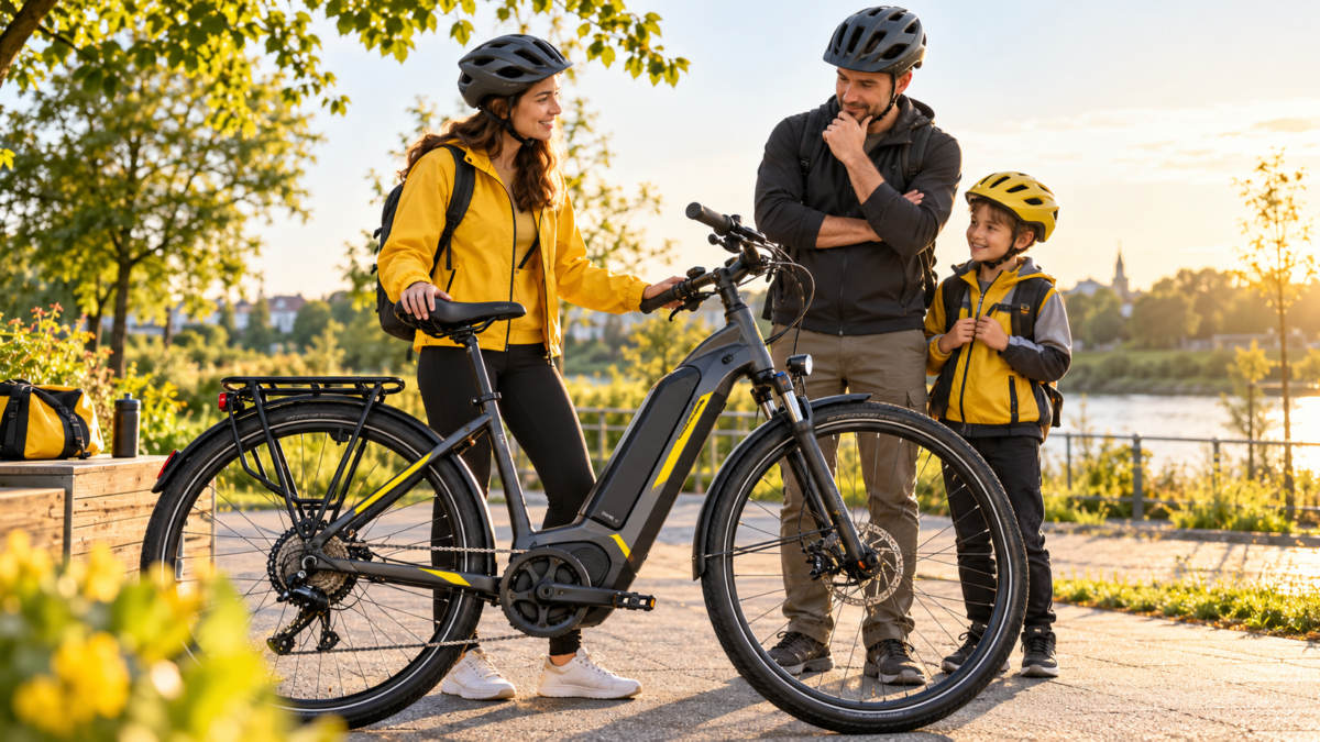 Rodzina oglądająca rower elektryczny przed zakupem – wspólna decyzja o wyborze e-bike’a
