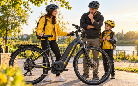 Rodzina oglądająca rower elektryczny przed zakupem – wspólna decyzja o wyborze e-bike’a