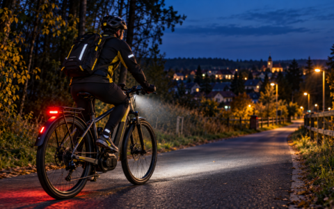 Rower elektryczny podczas nocnej jazdy po oświetlonej drodze