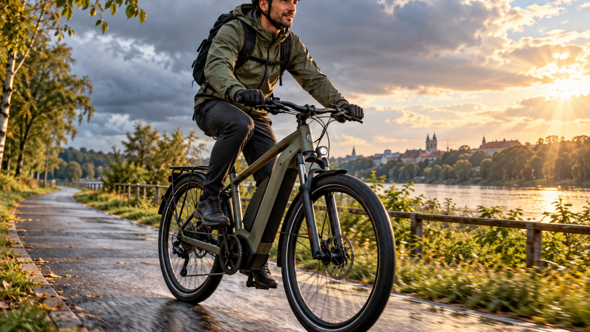 Mity na temat rowerów elektrycznych – rowerzysta jadący nowoczesnym rowerem elektrycznym po trasie nad wodą
