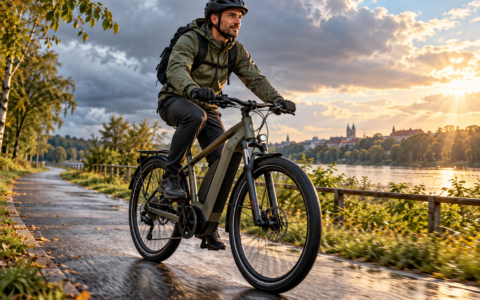 Mity na temat rowerów elektrycznych – rowerzysta jadący nowoczesnym rowerem elektrycznym po trasie nad wodą