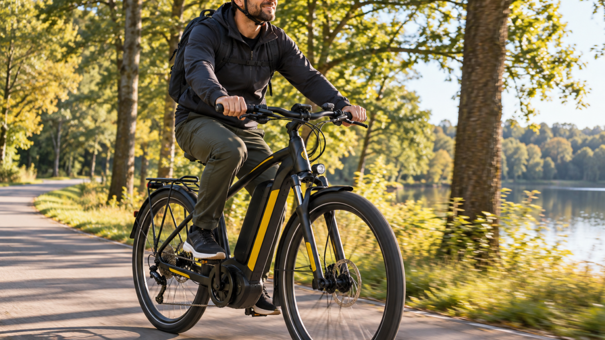 Rower elektryczny podczas pierwszej jazdy – mężczyzna w kasku jedzie leśną ścieżką nad jeziorem na nowoczesnym e-bike’u.