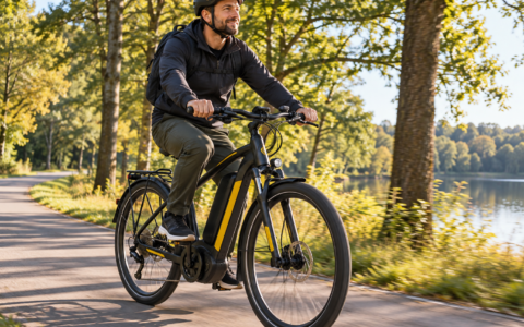 Rower elektryczny podczas pierwszej jazdy – mężczyzna w kasku jedzie leśną ścieżką nad jeziorem na nowoczesnym e-bike’u.