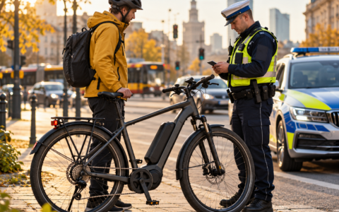 Policjant kontrolujący rower elektryczny na ulicy podczas kontroli drogowej w 2025 roku