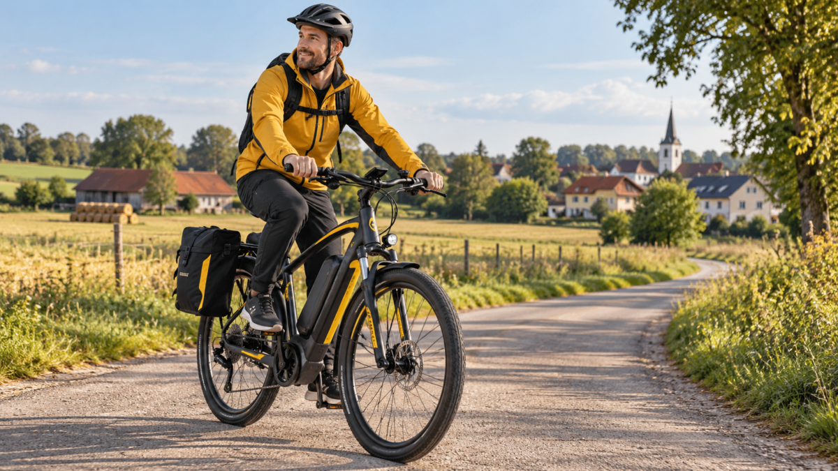 Rower elektryczny na wiejskiej drodze – e-bike na wieś z sakwami
