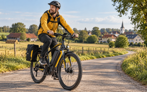 Rower elektryczny na wiejskiej drodze – e-bike na wieś z sakwami