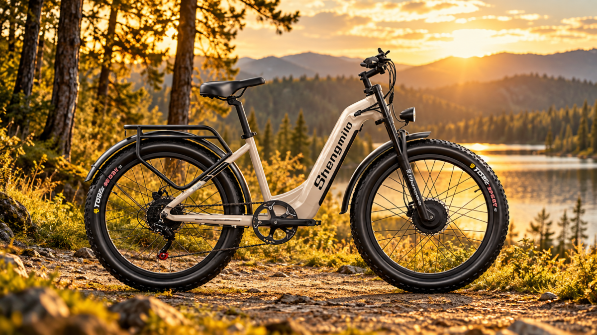 Shengmilo S700 – elektryczny rower z grubymi oponami nad jeziorem o zachodzie słońca