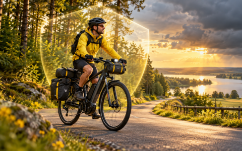 Ubezpieczenie na wyprawę rowerową – rowerzysta na rowerze elektrycznym z sakwami podczas wyjazdu