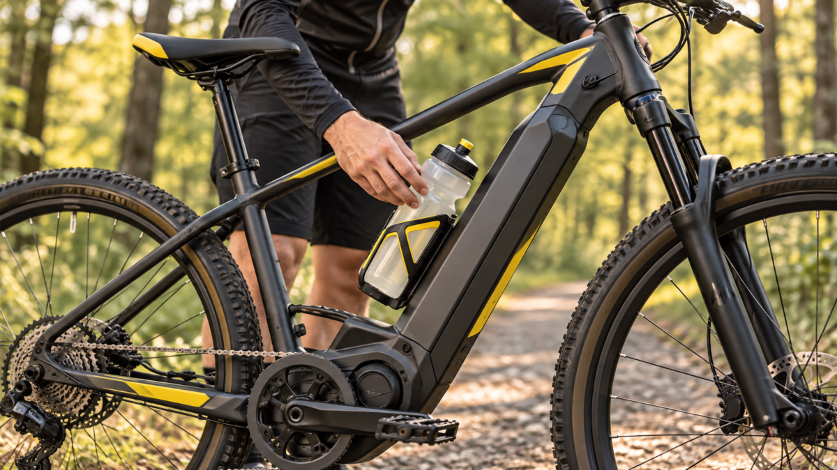 Bidon zamontowany w ramie roweru elektrycznego – uchwyt na bidon w e-bike’u