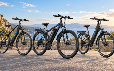 Rowery elektryczne z serii Duotts C29 – modele miejskie i trekkingowy na tle górskiego krajobrazu