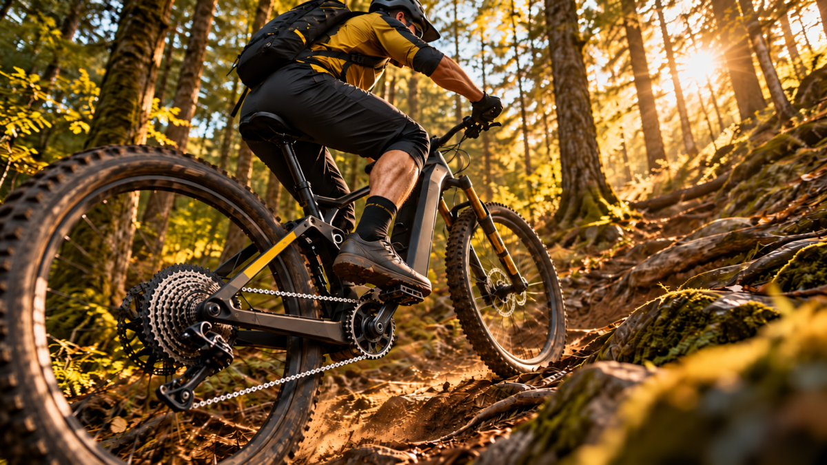 Rower elektryczny e-MTB na stromym leśnym podjeździe – moment obrotowy silnika