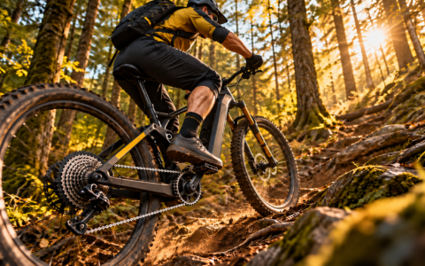 Rower elektryczny e-MTB na stromym leśnym podjeździe – moment obrotowy silnika