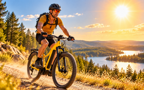 Rowerzysta jadący w upale na żółtym rowerze elektrycznym – wpływ wysokiej temperatury na zasięg e-bike’a