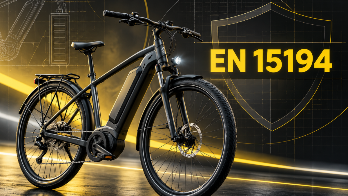 Rower elektryczny EPAC zgodny z normą EN 15194 na czarno-żółtym tle