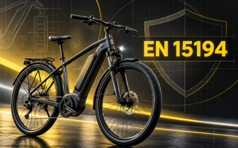 Rower elektryczny EPAC zgodny z normą EN 15194 na czarno-żółtym tle