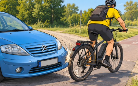 Rower elektryczny uderzony w tylne koło przez samochód Citroën – bezpieczeństwo rowerzysty na drodze