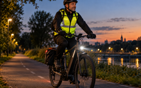 Rowerzysta w kamizelce odblaskowej na drodze