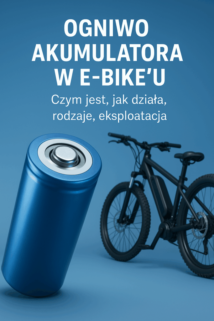 Ogniwo akumulatora litowo-jonowego obok roweru elektrycznego na niebieskim tle – ilustracja edukacyjna e-bike