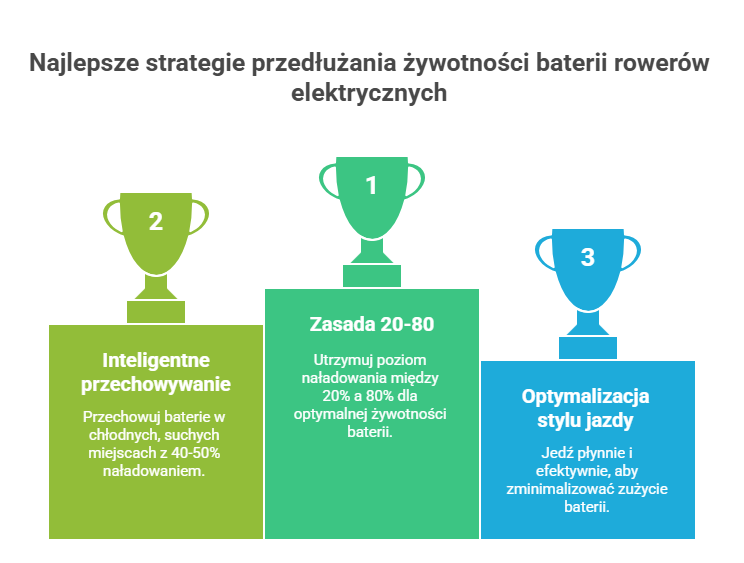 Infografika pokazująca najlepsze strategie przedłużania żywotności baterii roweru elektrycznego: zasada 20-80, inteligentne przechowywanie i optymalizacja stylu jazdy.