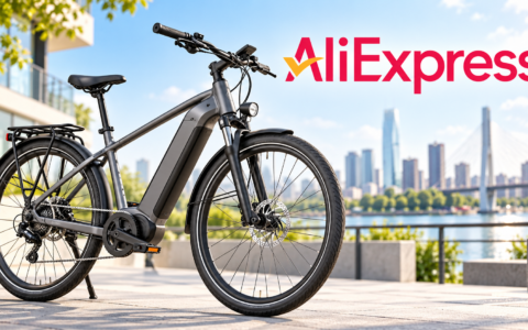 Rower elektryczny na tle logo AliExpress