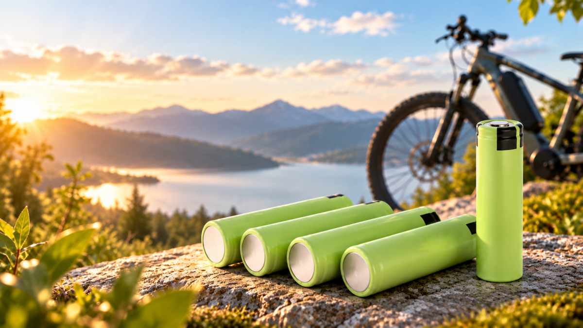 Ogniwa 18650 do baterii roweru elektrycznego na tle e-bike’a