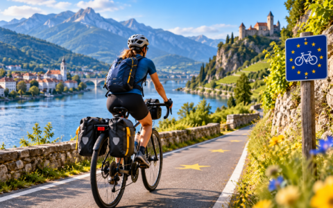 Rowerzystka na trasie EuroVelo w Europie – malownicza ścieżka rowerowa nad rzeką i górami