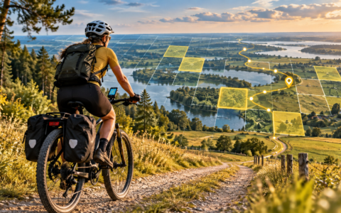 Rowerzystka na trasie z siatką kwadratów StatsHunters i zaznaczoną trasą rowerową