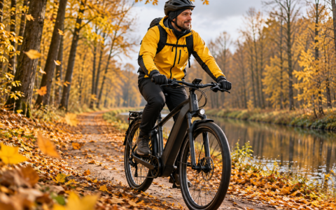 Rowerzysta na rowerze elektrycznym w jesiennej odzieży na leśnej trasie