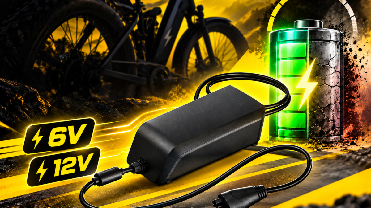 Ładowarka do roweru elektrycznego na tle w kolorach żółto-czarnych Pozdrower, z ikoną baterii oraz oznaczeniami 6V i 12V