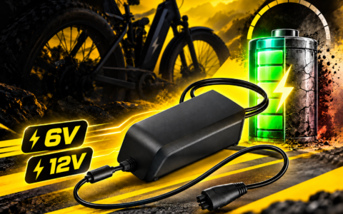 Ładowarka do roweru elektrycznego na tle w kolorach żółto-czarnych Pozdrower, z ikoną baterii oraz oznaczeniami 6V i 12V