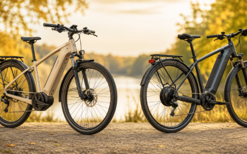 Porównanie rowerów elektrycznych: z lewej e-bike z silnikiem centralnym, z prawej rower elektryczny z silnikiem w piaście, stojące na szutrowej drodze nad jeziorem.