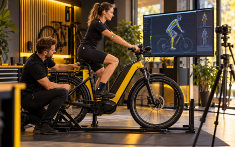 Bike fitting roweru elektrycznego podczas profesjonalnego dopasowania pozycji rowerzysty