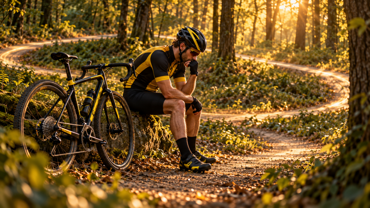 Rowerzysta odpoczywający przy rowerze w lesie – uzależnienie od jazdy na rowerze