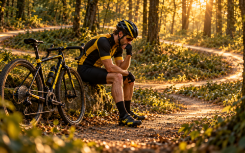Rowerzysta odpoczywający przy rowerze w lesie – uzależnienie od jazdy na rowerze