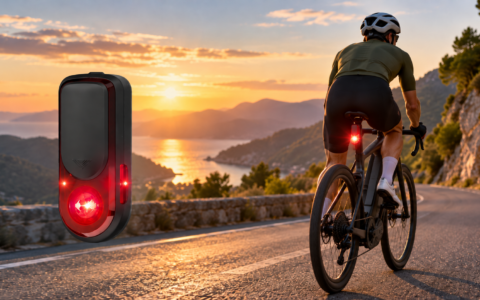 Radar rowerowy do roweru elektrycznego na tle rowerzysty jadącego e-bike’iem górską drogą o zachodzie słońca