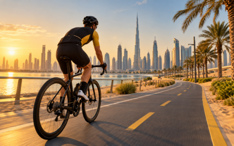 Rowerzysta na trasie rowerowej w Dubaju z Burdż Chalifa w tle